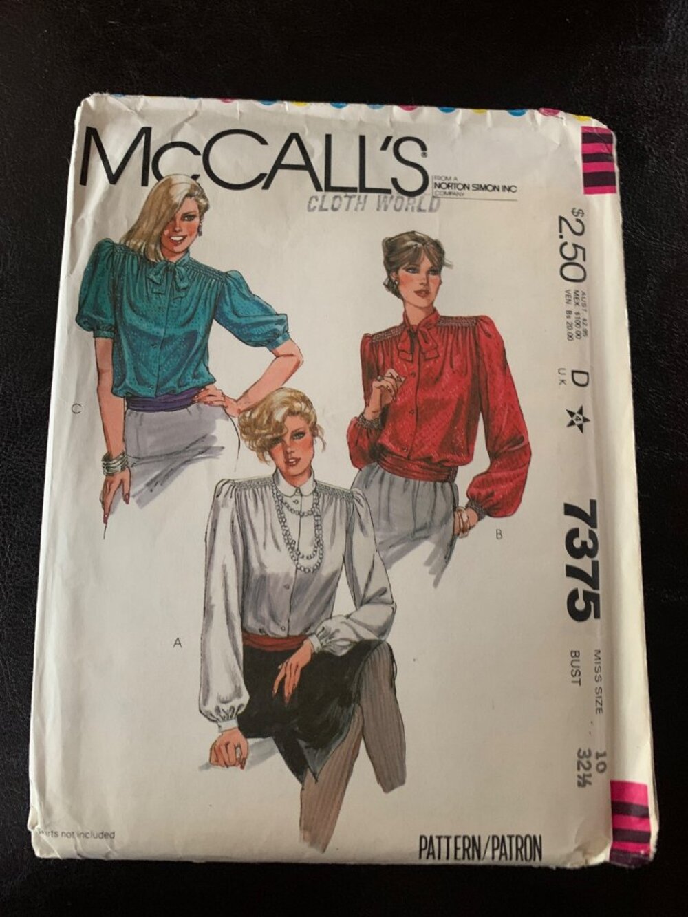 McCall's Misses Blouse Sewing Pattern Size 10 7375 - Uncut 1980s